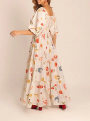 Cyflymder Women s Maxi Dress with Tropical Print Short Sleeve Square Neckline Summer Dress Casual A-line Beach Dress with Oceanic Design