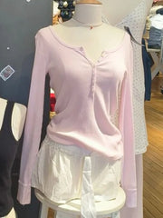 Cyflymder Pink Six Buttons Thin Long Sleeve T-shirts Women Spring Round Neck Cotton Slim Tee Top Female Cute Sweet Tshirt Y2k Tops New