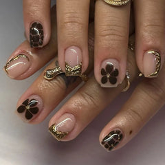 Cyflymder Golden 3D Rose Yellow Halo Dyeing Flower Pearlescent Nail Art Fashion False Nails Detachable Finished Fake Nails Press on Nails