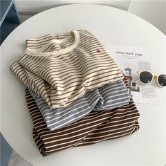 Cyflymder Love Embroidery Striped Sweatshirt Women Casual O Neck Cute Pullovers Korean Fashion Loose Long Sleeve Sweet Elegant Tops