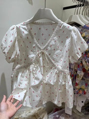 Cyflymder Cherry Print Puff Sleeve Blouse Women Summer V Neck Bow Tie Spliced Lace Shirts Japanese Sweet All Match Y2k Tops