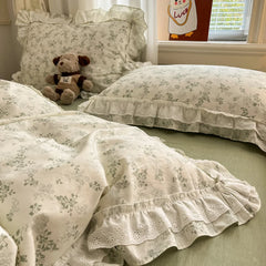 Cyflymder Princess Style Lace Ruffles 100% Cotton Bedding Set Floral Pastoral Style Duvet Cover Flat/Fitted Bed Sheet Pillowcases 3/4Pcs