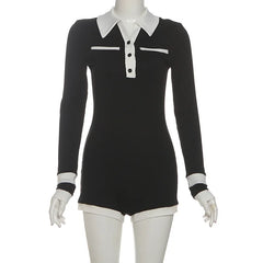 Cyflymder Color Patchwork Ribbed Skinny Playsuits Autumn Women Fashion Polo-neck Long Sleeve Buttons Slim Casual Rompers Streetwear