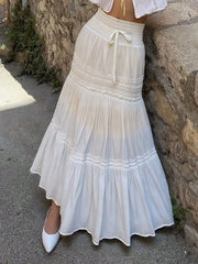 Cyflymder Women's High Waisted White Lace Patchwork Maxi Bubble Skirt Boho Style Suitable For Music Festivals Concerts Coachella Parties