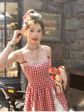 Cyflymder Y2K Red Plaid Mini Dresses for Women Spaghetti Strap Lace Patchwork A-line Birthday Party Dress Korean Fashion One Piece Vestido