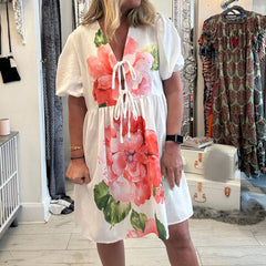 Cyflymder Women's Summer A-Line Dress Floral Print Short Puff Sleeve Tie Front V-Neck Loose Fit Shirt Babydoll Dress Holiday Beach