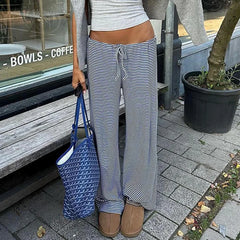 Cyflymder Women's Striped Wide Leg Trousers Low Waist Drawstring Detail Loose Fit Y2K Casual Pants for Summer Beach and Daily Outfits
