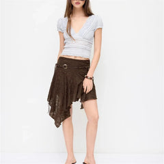 Cyflymder Womens Asymmetrical Hem Skirt Boho Lace Low Rise Floral Midi Skirt with Belt for Casual Bohemian and Daily Wear