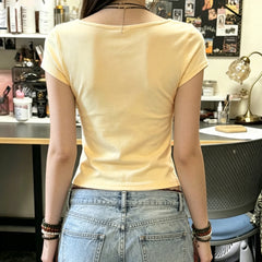 Cyflymder Women’s Slim Fit Twist Front Crop Top Soft Pastel Yellow Short Sleeve Tee Deep V Neck Casual Y2K Clothes Cute Summer Streetwear