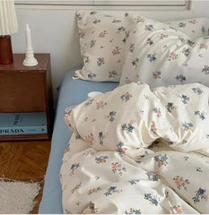 Cyflymder Blue/Pink Floral Duvet Cover set Farmhouse Vintage Chic 4Pcs Flat Bed Sheet Pillow Shams Ultra Soft Microfiber Twin Queen Double