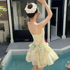 Cyflymder Sweet Vacation Style Strap Long Dress Women's Clothing Broken Flowers Summer A-Line Fashion Bow Three Ways of Wearing Dresses