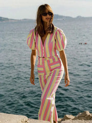 Cyflymder Striped V Neck Puff Sleeve Two Piece Set Button Front Top High Waist Flared Pants Summer Vacation Lady Vibrant Outfit
