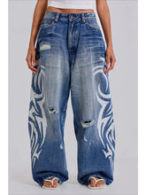 Cyflymder Vintage Y2k Ripped Jeans Women Harajuku Print Blue Baggy Distressed Denim Trousers Hip Hop Grunge Streetwear Wide Jeans
