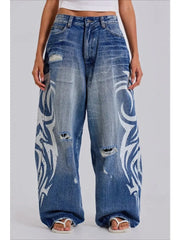 Cyflymder Vintage Y2k Ripped Jeans Women Harajuku Print Blue Baggy Distressed Denim Trousers Hip Hop Grunge Streetwear Wide Jeans