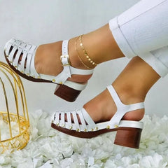 Cyflymder High Heel Sandal for Women Female Shoe Large Size High-heeled Retro Girls Low Comfort Big 2025 Beige Closed Fabric PU Rubber Sol