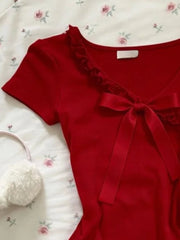 Cyflymder New Sweet Red Niche Bow Lace Tops Women Korean Fashion Kawaii Short Sleeved T-shirt Women Waist Slim Y2k Clothing Spring