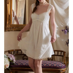 Cyflymder French Retro Style Shoulder Strap Modal Mesh Suspender Nightdress with Chest Pad Thin Waist Design Fairy Pajamas