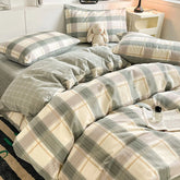 Cyflymder New Pure Cotton Bedding Set with Fitted Sheet Duvet Cover Pillowcase Simple Printed Grid Comfortable Bedclothes Single Double