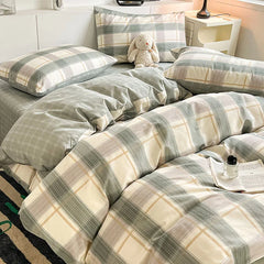 Cyflymder New Pure Cotton Bedding Set with Fitted Sheet Duvet Cover Pillowcase Simple Printed Grid Comfortable Bedclothes Single Double