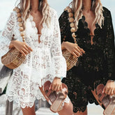 Cyflymder White Boho Crochet Dress Women Sexy V-neck Scallop Trim Lace High Waisted Beach Sundress Summer Bikinis Cover Ups Beachwear