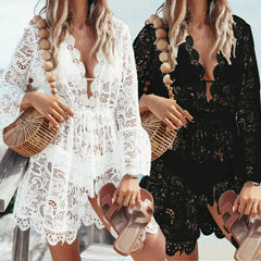 Cyflymder White Boho Crochet Dress Women Sexy V-neck Scallop Trim Lace High Waisted Beach Sundress Summer Bikinis Cover Ups Beachwear