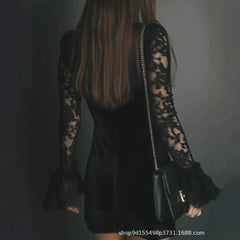 Cyflymder Sexy Lace V-neck Mini Dress for Women's Flare Sleeve Velvet See Through Slim Gothic Punk High Street Vintage Elegant Dress