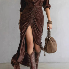 Cyflymder Autumn Winter Womens Brown Velvet Shirt Dress Western Style Ruched Long Sleeve Midi Dress with High Split Party Dress