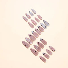 Cyflymder 24pcs Nude Star Press On Nails Black White Polka‑dot French Tip Fake Nail Y2K Sweet Artificial Almond False Nail for Women