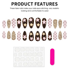 Cyflymder 24pcs Korean Style Fake Nails Pink Brown Spiral Stripes Five-pointed Star Pattern Press On Nails Ins Polka Dot Almond False Nail