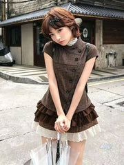 Cyflymder 2Pcs Women Outfit Retro Plaid Short Sleeve Top High Waist Pleated Skirt Y2K Harajuku Style Casual Street Clothing For Hot Girls