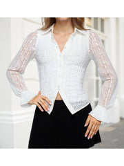 Cyflymder Women s Autumn Lace Tops Long Sheer Sleeve Turn Down Collar Button Up Shirts