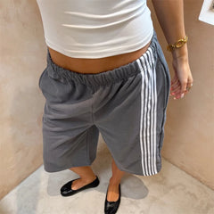 Cyflymder Women Y2K Vintage Loose Baggy Bermuda Jogger Shorts Side Stripes Knee Length Sweatpants Elastic Waist Sports Loungewear Bottom