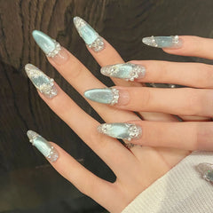 Cyflymder 10Pcs Blue Cat's Eye Handmade Fake Nails Flower Pearl Rhinestone False Nails Press on Long Round Reusable Full Cover Nails Tips