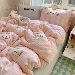 Cyflymder 3/4Pcs Cute Cartoon Cat Embroidery Heart Pompom Bedding Set Single Queen King Size 100% Cotton Duvet Cover Bed Sheet Pillowcases