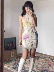 Cyflymder Neo Chinese Style Vintage Printing Dresses Y2k Aesthetic Sleeveless Mini Vestidos Harajuku Hollow Out Button Grunge Woman Dress