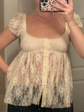 Cyflymder See Through Lace A-Line T Shirt Casual Loose Square Collar Short Puff Sleeve Tees Women Summer Fashion Streetwear