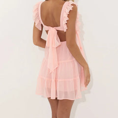 Cyflymder Women's Ruffle Strap Party Mini Dress Back Bowknot Sleeveless Square Neck Summer Babydoll Dress Solid Color Flowy Dress