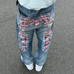 Cyflymder Retro Printed Jeans Women's Street Niche Design Sense Loose Versatile Straight Pants Tide
