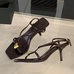 Cyflymder Summer Fashion Metal Buckle Decoration Narrow Band Gladiator Sandals Women Square Toe Low Thin Heels Party Dress Shoes