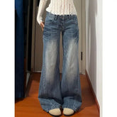 Cyflymder New American Vintage Edgy Low Waist Washed Jeans Women Lightning Crack Flared Wide Leg Floor Length Versatile Denim Pants