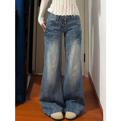 Cyflymder New American Vintage Edgy Low Waist Washed Jeans Women Lightning Crack Flared Wide Leg Floor Length Versatile Denim Pants
