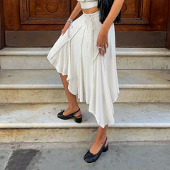 Cyflymder Women Elegant Vacation Style Pleated Asymmetrical Midi Skirts Fashion High Waist A-line Casual Streetwear Bottoms Party Clubewar