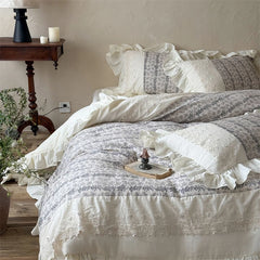 Cyflymder Vintage French Prints Lace Ruffles Bedding Set Double Layer Yarn 100% Cotton Duvet Cover Flat/Fitted Bed Sheet Pillowcases 4Pcs