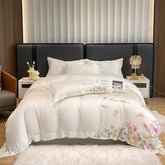 Cyflymder Luxury Bedding Set Flowers Embroidery Summer Ice Silky Duvet Cover Set Fitted Sheet Bed Sheet Pillowcases Comforter Cover Set