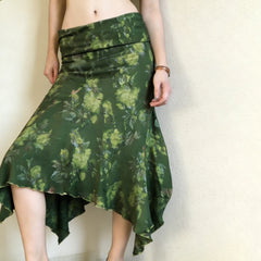 Cyflymder Bohemian Holiday Style Floral Printed Fold Waist Skirts Summer Asymmetric Hem Knitted Half Outfits Women's Vintage Forest Style