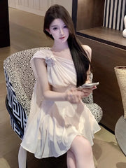 Cyflymder Women Dresses Elegant Sleeveless Chiffon Flowers Ribbon Backless Temperament Summer Fashion Party Mini Dress Ladies