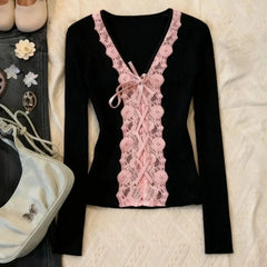 Cyflymder Lace Black Retro Clothes Female Tees Y2k Vintage Hot Girl Slim Long Sleeve T-Shirts Women High Street Gothic Patchwork Tops