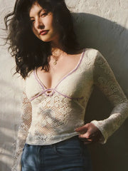 Cyflymder Hollow Lace Crochet V-neck Knitted Sweater Women Sexy Slim Fit Elastic Short Sleeved Top Deep V-neck Mesh Lace T-shirt top