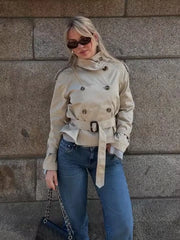 Cyflymder Autumn Khaki Double Breasted Shorts Trench Coat with Belts Women Elegant Stand Collar Loose Jacket Female Windbreaker Outwears
