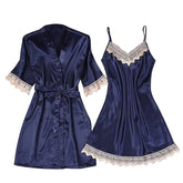 Cyflymder 2-Piece Women Sexy Garter Lingerie Set Robes Lace Splicing Deep V-Neck Nightgown Elegant Fashion Solid Color Retro House Cloth